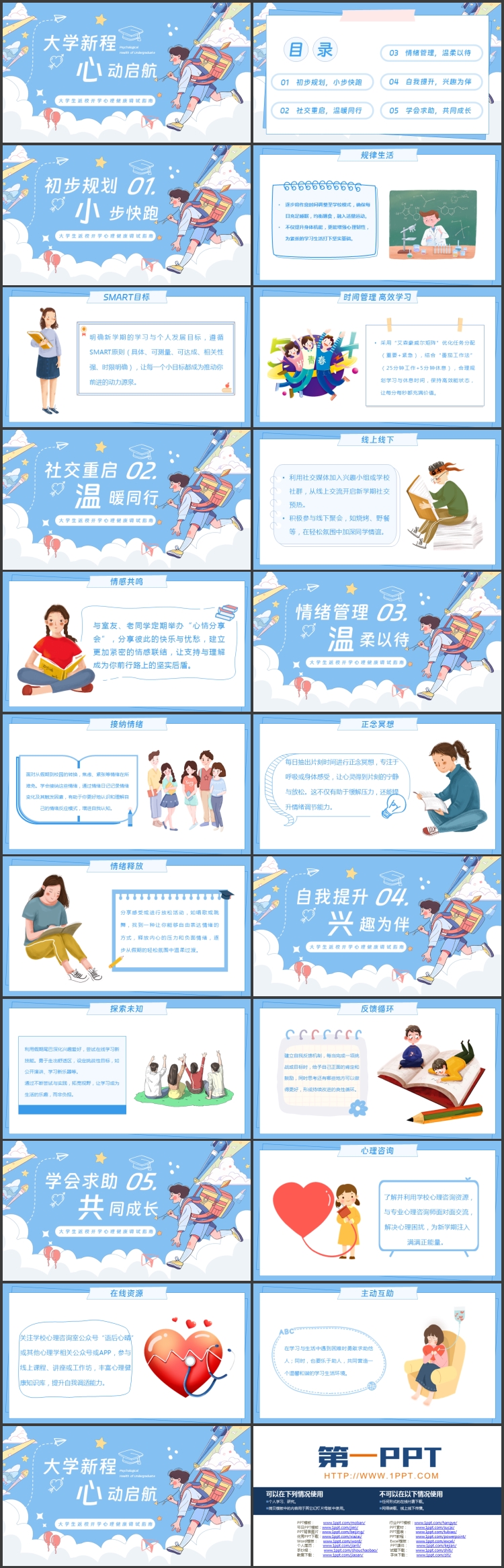 蓝色卡通风格的“大学新程心动启航”大学生返校开学心理健康调试指南PPT模板下载