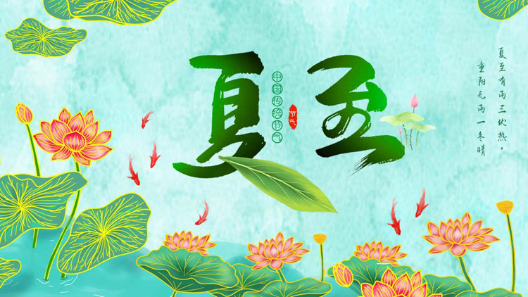 绿色国潮荷花荷叶背景的中国传统节气之夏至节气介绍PPT模板