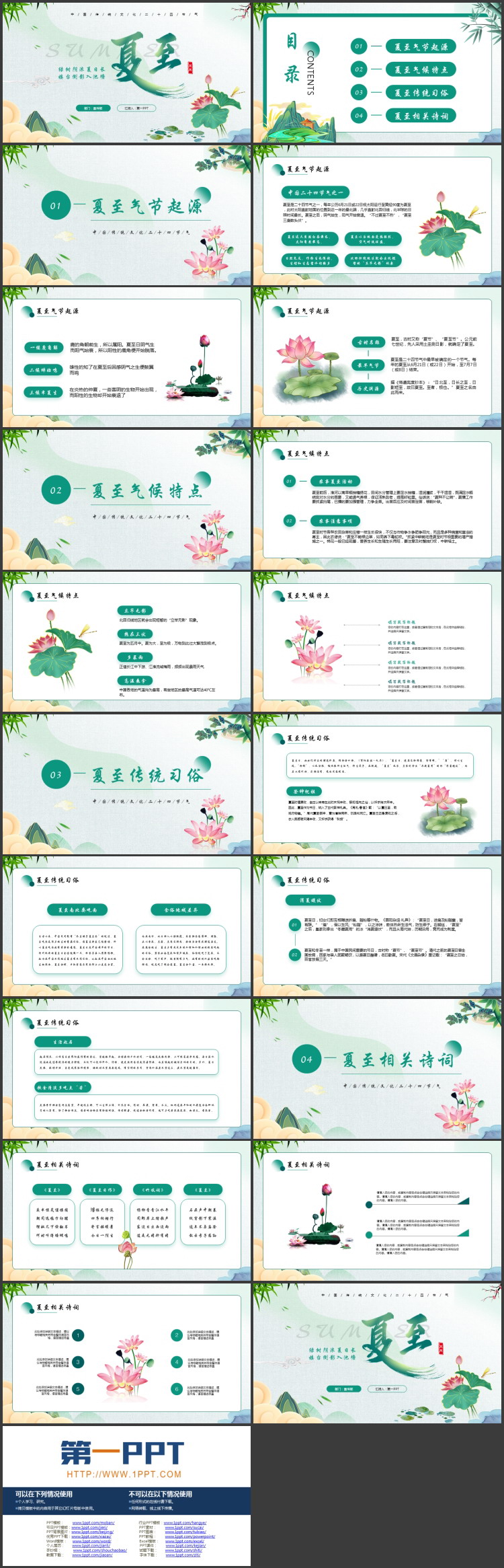 绿色荷花荷叶背景的中国传统节气之夏至节气介绍PPT模板