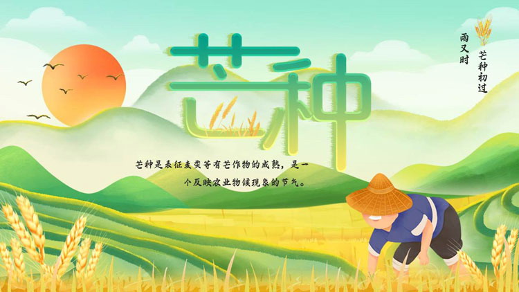绿色精美插画风群山麦田背景的芒种节气介绍PPT模板