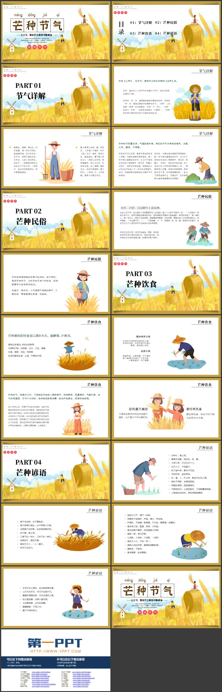 金色插画风麦田背景的芒种节气介绍PPT模板