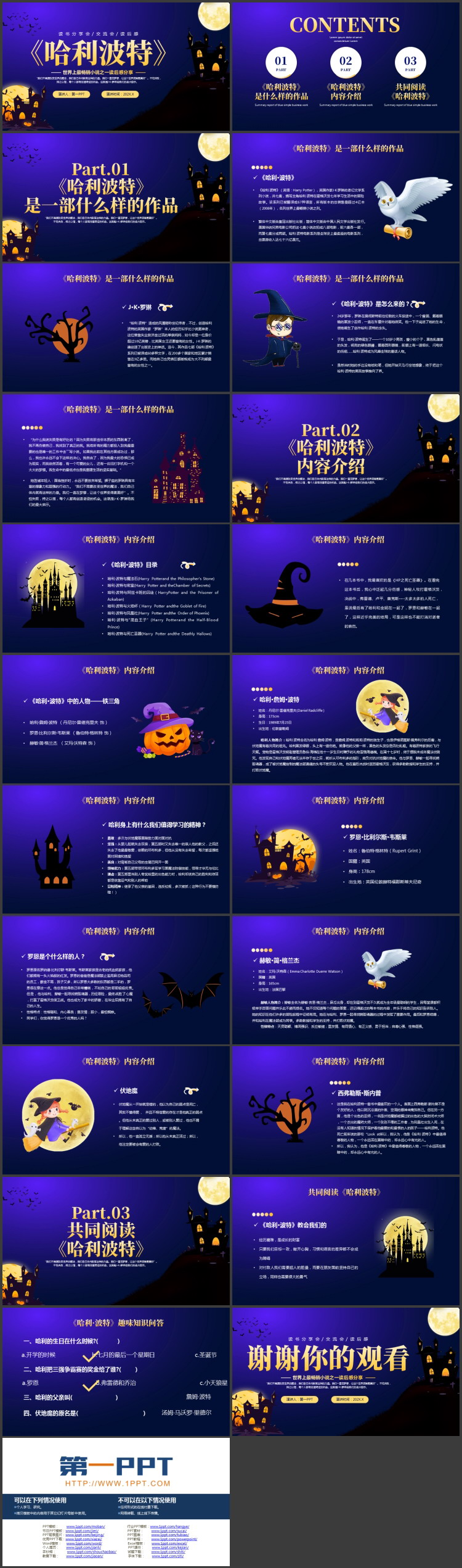 蓝色卡通城堡背景的《哈利波特》读书分享会PPT下载