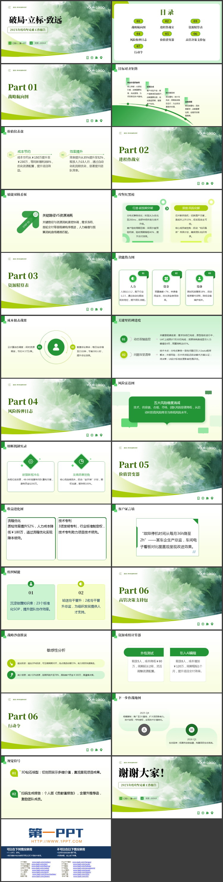绿色“破局·立标·致远”年度攻坚克难工作报告PPT模板下载