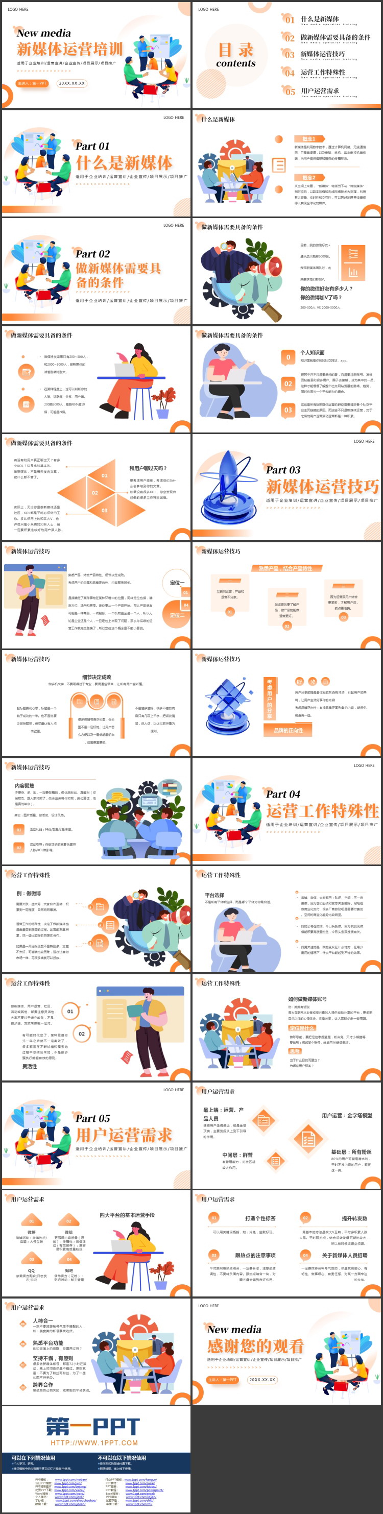 橙色矢量办公剪切画背景的新媒体运营培训PPT模板下载
