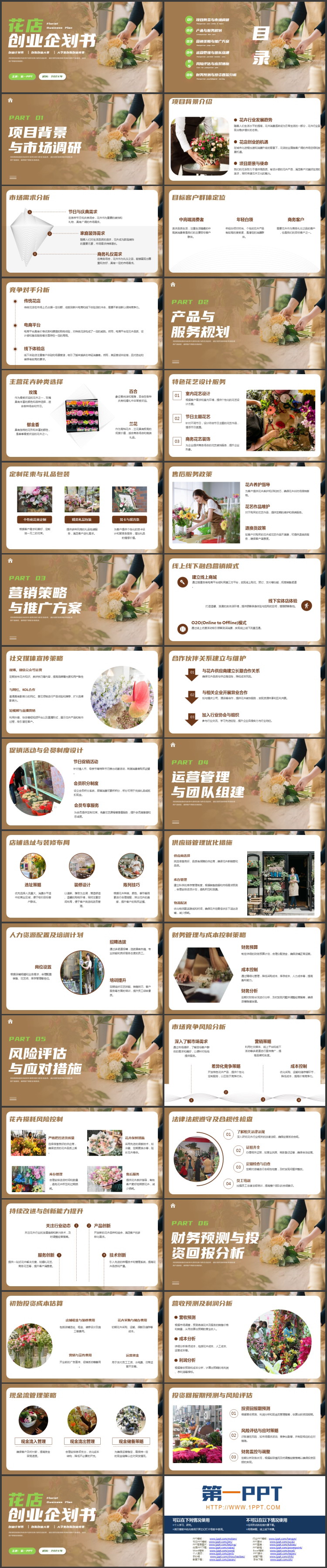 棕色鲜花背景的花店创业企划书PPT模板下载