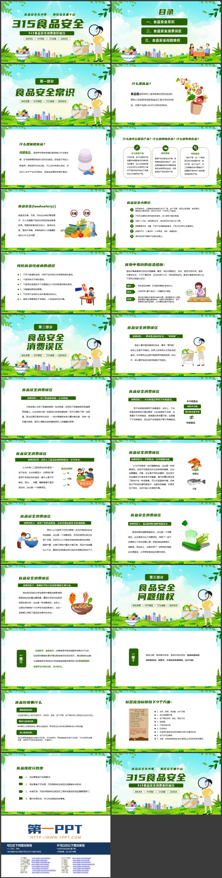 绿色清新卡通风格的315食品安全消费者权益日PPT模板下载