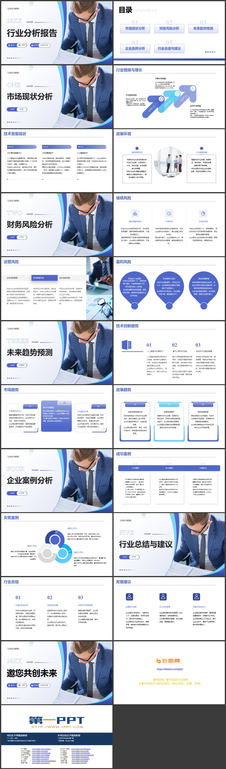 蓝色职场商务人士背景的行业分析报告PPT模板下载