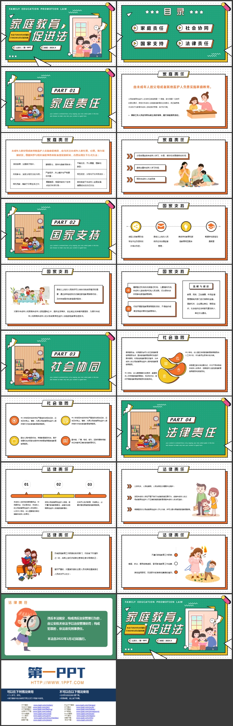 绿色卡通一家人背景的家庭教育促进法宣传教育PPT模板