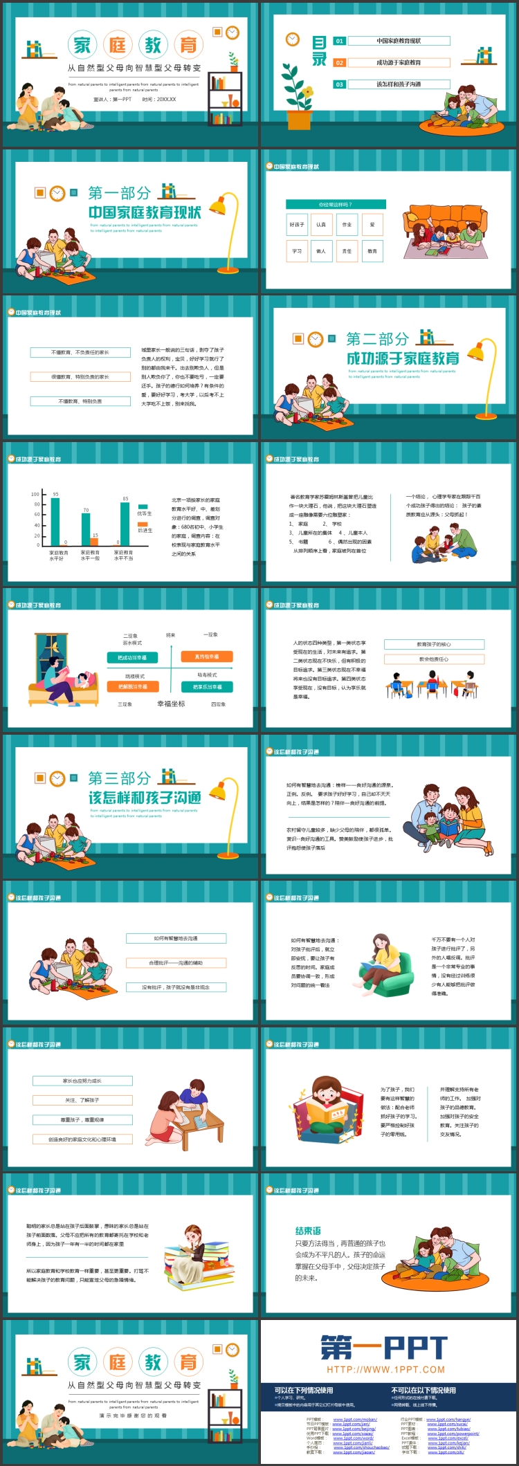 青色卡通一家人背景的家庭教育培训讲座PPT模板