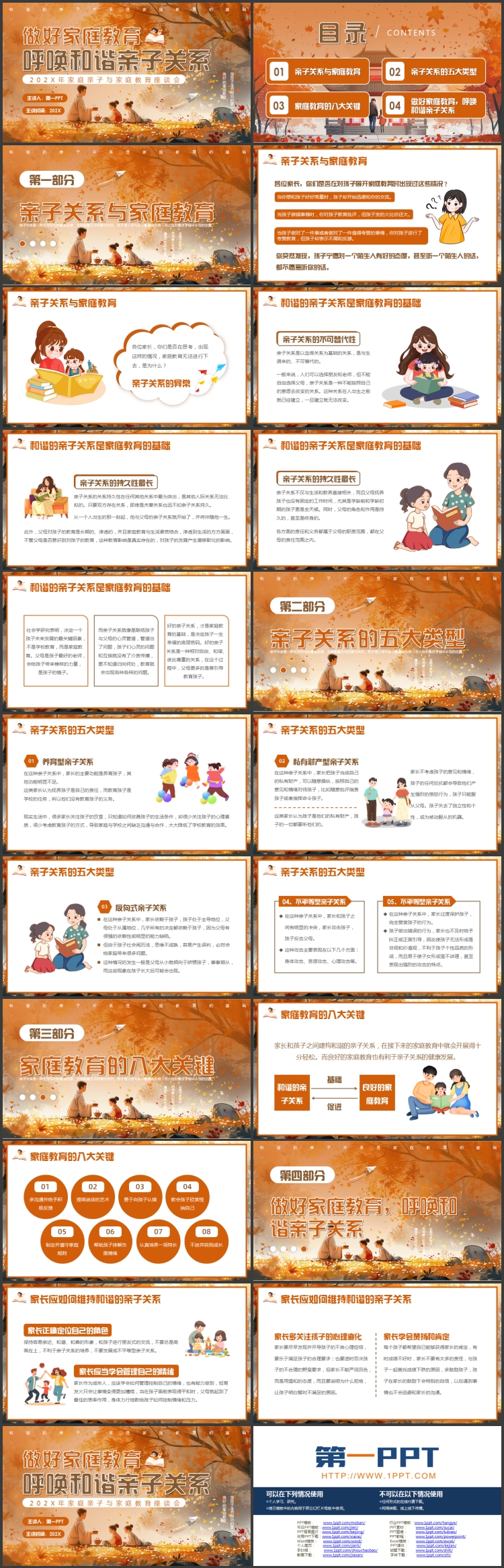 橙色插画风“做好家庭教育呼唤和谐亲子关系”家庭亲子与家庭教育座谈会PPT模板