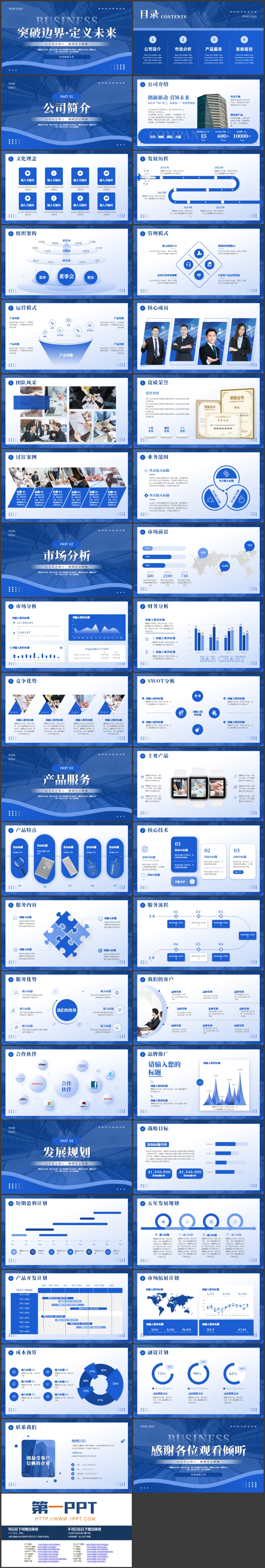 蓝色高楼大厦背景的“突破边界定义未来”企业宣传介绍PPT模板下载