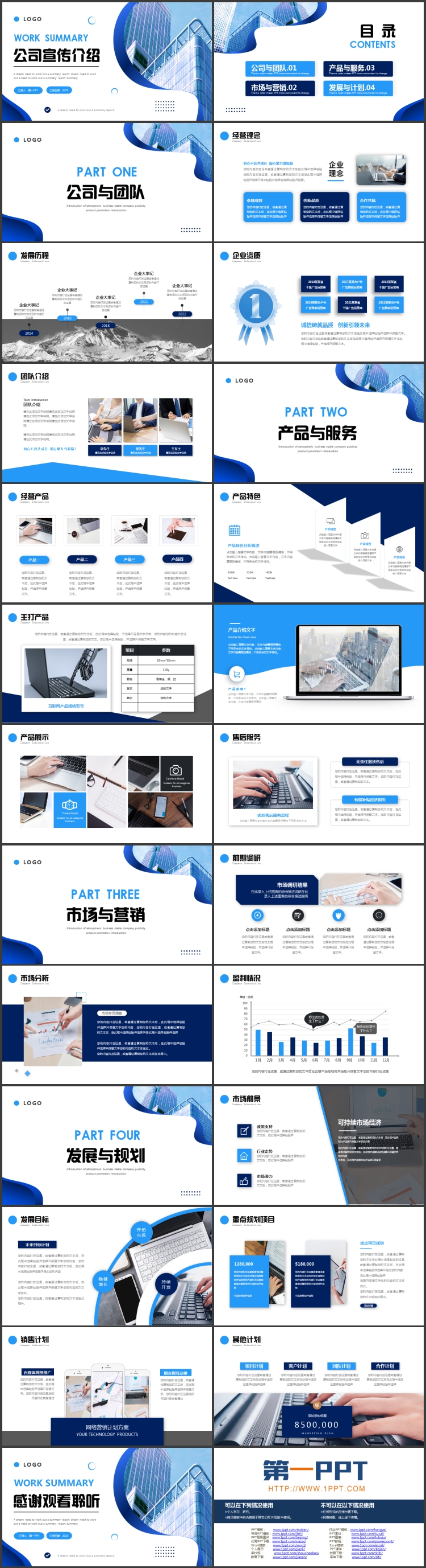 蓝色写字楼背景的简约商务风公司宣传介绍PPT模板下载