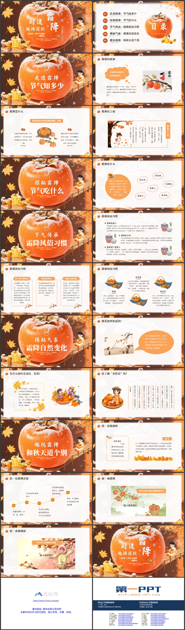 插画柿子背景的幼儿园二十四节气之霜降主题活动PPT模板