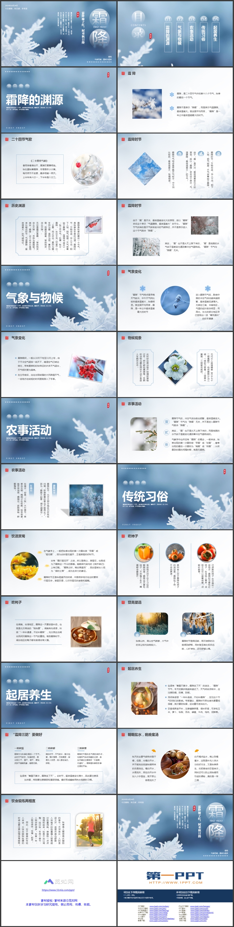 蓝色挂霜的树枝背景的霜降节气介绍PPT模板