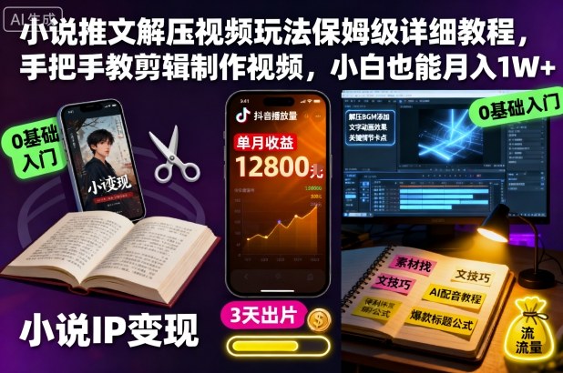 小说推文解压视频玩法保姆级详细教程,手把手教剪辑制作视频,小白也能月入1W+